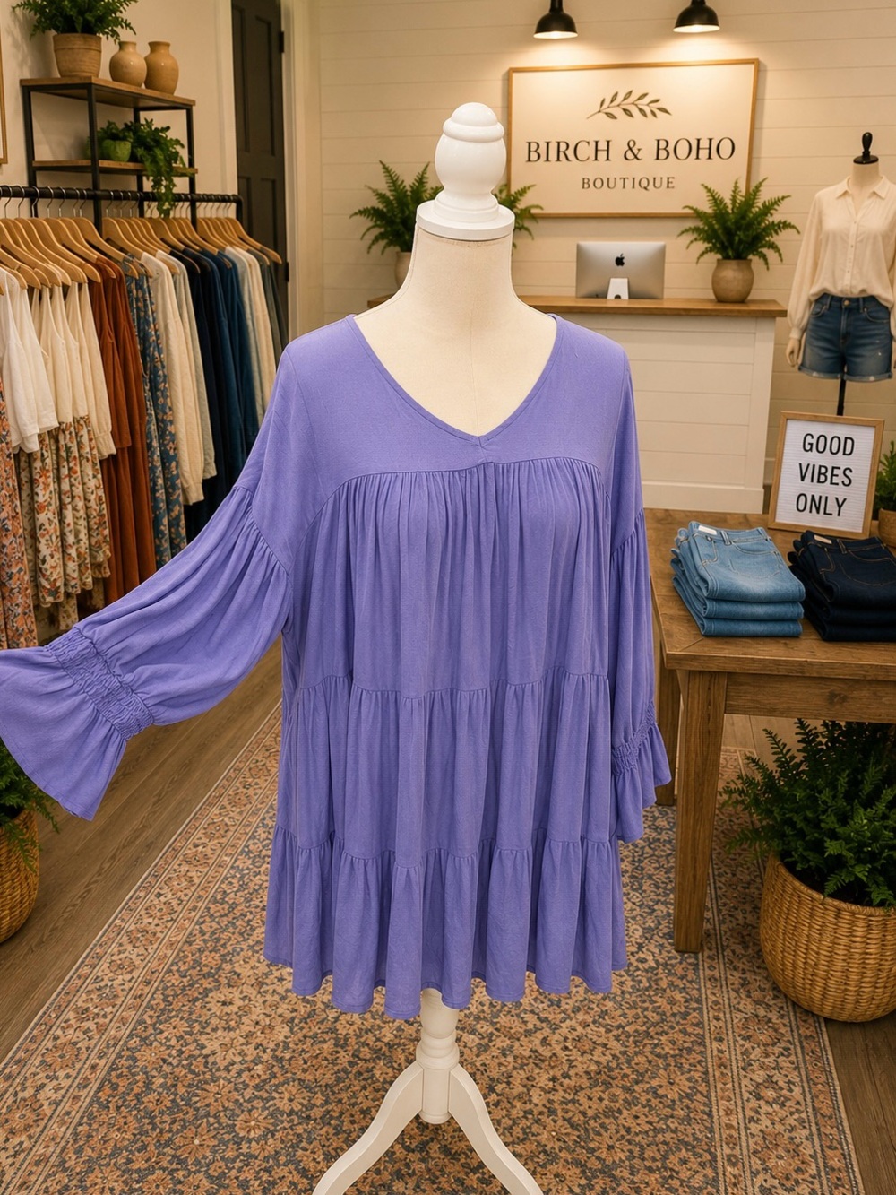 Ces Femme Periwinkle Tiered Babydoll Dress Pockets Bell Sleeve Oversized Boho